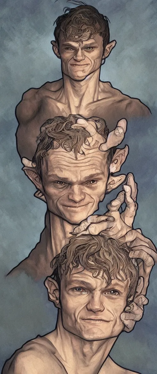 Image similar to vitalik buterin looks like gollum, art by artgerm and greg rutkowski and alphonse mucha