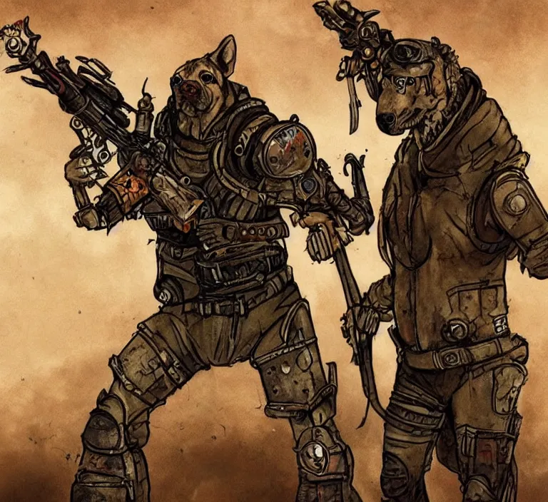 Image similar to a good ol'hound dog fursona ( from the furry fandom ), heavily armed and armored facing down armageddon in a dark and gritty version from the makers of mad max : fury road. witness me.