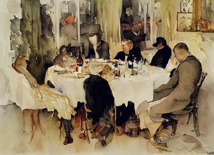 Prompt: gentlemens dinner, masterpiece, meat, wine, schnapps, watercolor by anders zorn and carl larsson, art nouveau