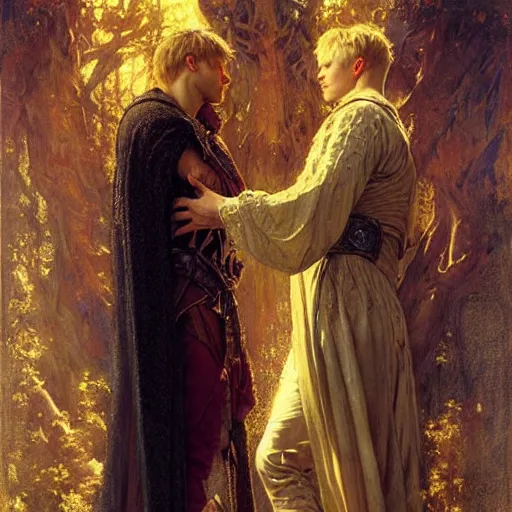 Prompt: stunning arthur pendragon in love with stunning male merlin the mage. they are close to each other, touching, looking. highly detailed painting by gaston bussiere, craig mullins, j. c. leyendecker