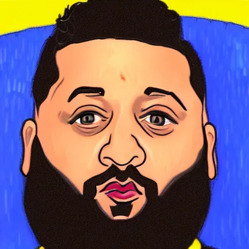 Image similar to ultra realistic portrait of dj khaled in a studio, ultra detailed, under blue, red and yellow cinematic lighting, by van gogh, cartoon