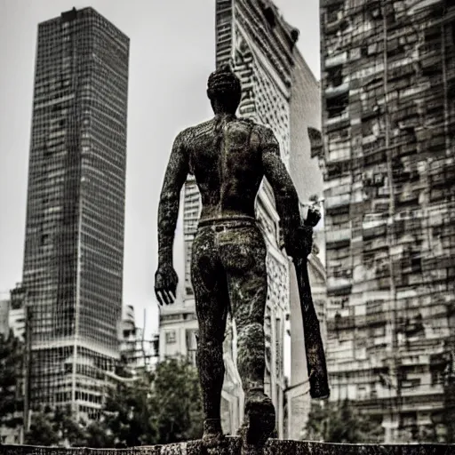 Prompt: statue of a warrior amongst the post apocalyptic city, hd photo