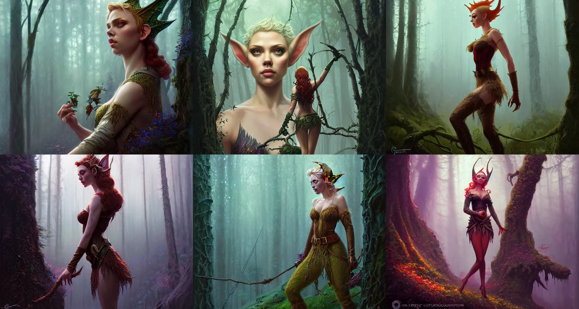 Prompt: Scarlett Johannson as fantasy magic fey elf, majestic forest grove, Ultra realistic illustration, intricate, highly detailed, digital painting, artstation, concept art, smooth, sharp focus, art by Ian McQue, tristan eaton, Tom Bagshaw