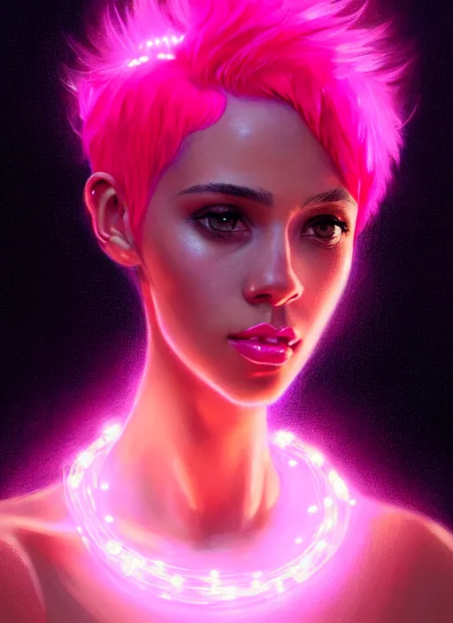 Image similar to portrait of vanessa morgan with bright pink hair, curly pixie cut hair, intricate, elegant, glowing lights, highly detailed, digital painting, artstation, concept art, smooth, sharp focus, illustration, art by wlop, mars ravelo and greg rutkowski