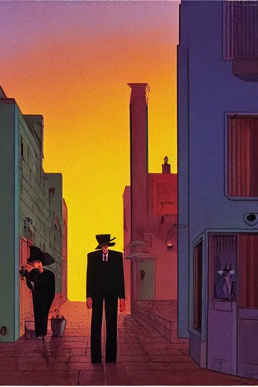 Prompt: eerie tel aviv street mystery at dusk, colorful film noir scene. by moebius, giorgio de chirico, edward hopper