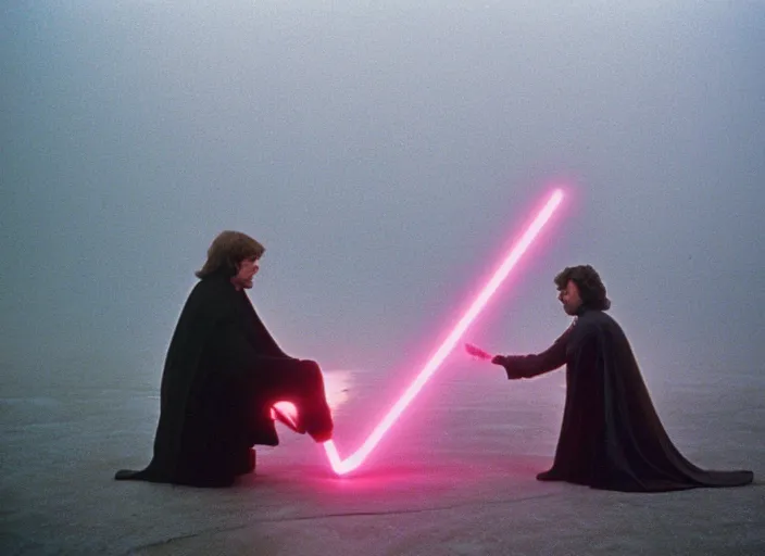 Image similar to Luke skywalker kneels before a star wars alien creature, the oracle, mystic. in a foggy pink land. 1983 Photographed with Leica Summilux-M 24 mm lens, ISO 100, f/8, Portra 400