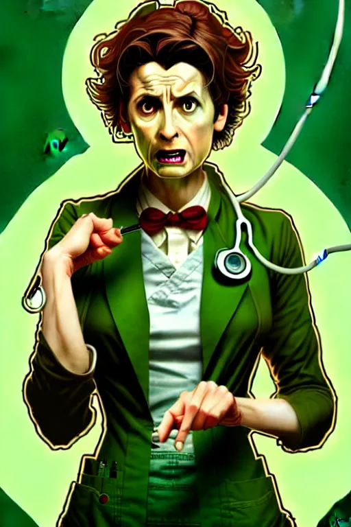 Image similar to doctor who, woman, as a mad dentist, on a plain green background, art by artgerm and greg rutkowski and alphonse mucha