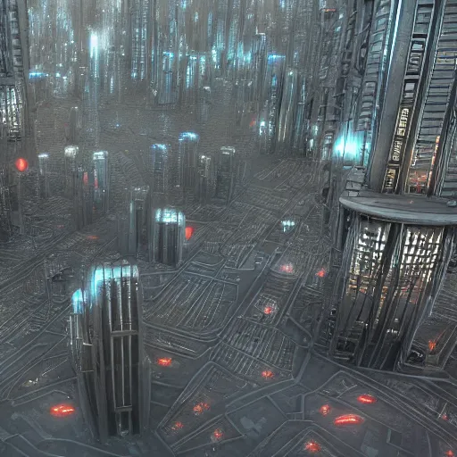 Prompt: photo of a futuristic city made of electronic components by hr giger and zdzislaw beksinski. Very detailed 8k. Unreal engine 5 render with nanite, global illustration and path tracing. Cinematic post processing.