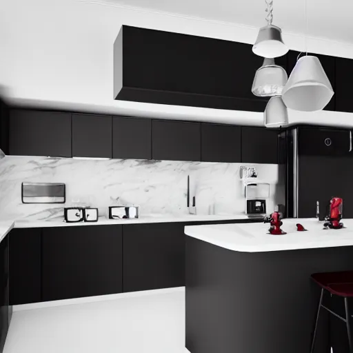 Image similar to photo of black, matte kitchen fronts surfaces and furniture, dark red walls at the back, white floor tiles on the ground, white ceiling, architecture, concept art