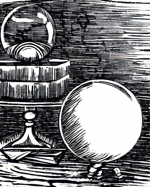 Prompt: a black and white drawing of a crystal ball surrounded by fog, a woodcut by jacques callot, pixabay, vanitas, woodcut, grotesque, logo