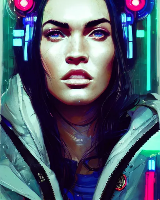 Image similar to detailed portrait Megan Fox Neon Operator Girl, cyberpunk futuristic neon, reflective puffy coat, decorated with traditional Japanese ornaments by Ismail inceoglu dragan bibin hans thoma greg rutkowski Alexandros Pyromallis Nekro Rene Maritte Illustrated, Perfect face, fine details, realistic shaded, fine-face, pretty face