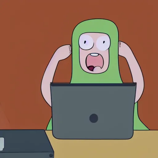 Prompt: a very animated tired person with bloodshot eyes and tongue out staring at the computer with despondence, adventure time animation style