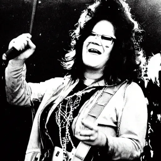 Image similar to Godzilla as Janis Joplin performing on stage at Woodstock, photo