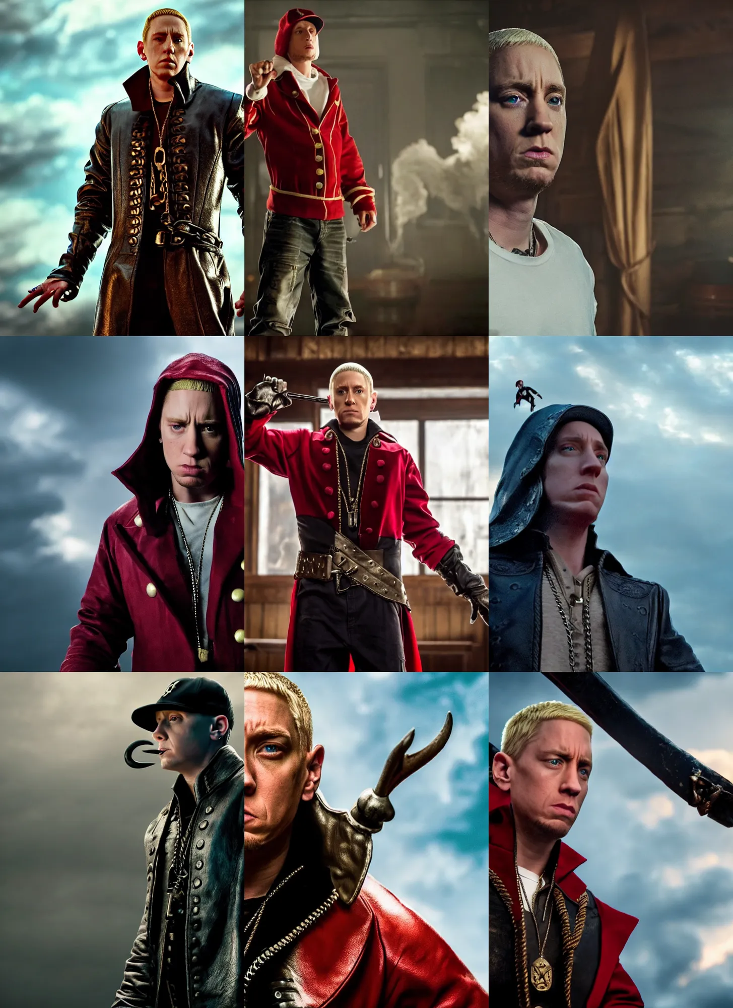 Prompt: a movie still of eminem as captain hook, detailed, art station, dynamic lighting, heroic pose, 2 0 2 2 picture of the year, 8 k hdr movie still