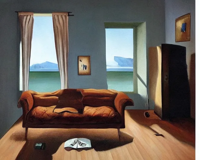 Prompt: a painting of a minimalistic living room by salvador dali, cgsociety, fantastic realism, surrealist, detailed painting