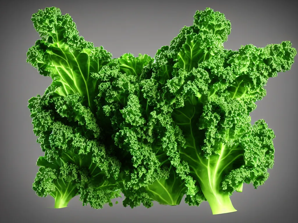 Image similar to highly detailed 3 d render of a raging mad angry kale character, as pizza topping, hyper realistic octane render, cinematic lighting, deviantart, lowbrow, surrealism, pixar still