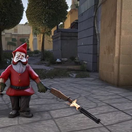 Prompt: garden gnome getting flash banged in counter-strike global offensive, hyper realistic, 8K render, unreal engine, shadows, reflections