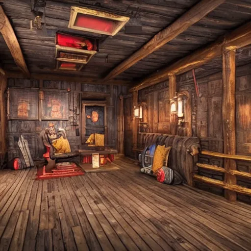 Image similar to the inside of an impressive award - winning pirate themed escape room set on the deck of a pirate ship. hyper - realistic, realistic color 3 d render