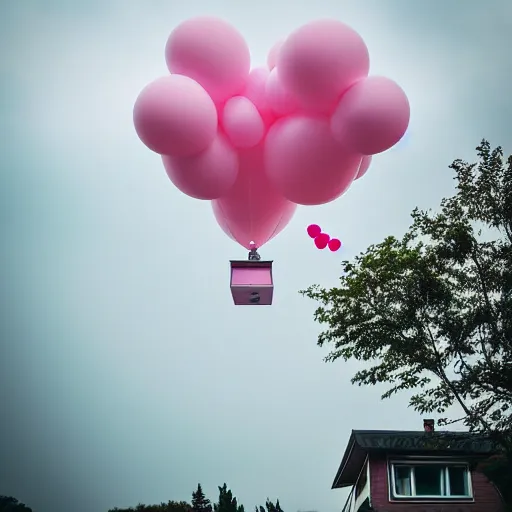 Image similar to a 5 0 mm lens photograph of a cute pink floating modern house, floating in the air between clouds, inspired by the movie up, held up from above by heart ballons. mist, playful composition canon, nikon, award winning, photo of the year