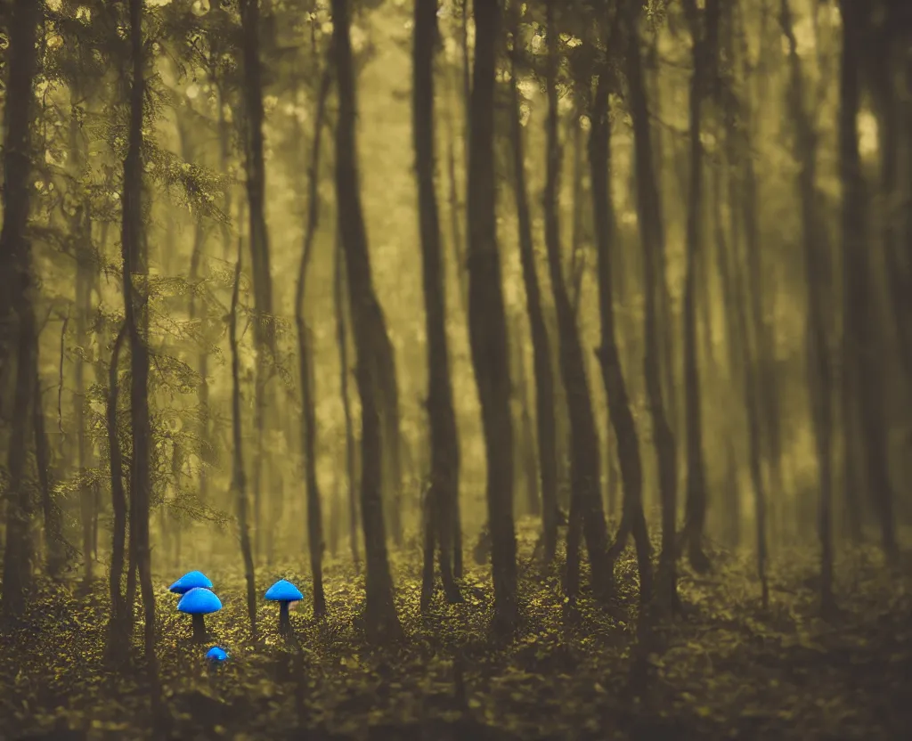 Prompt: blue forest, glowing mushrooms, sigma lens, strong bokeh, photography, highly detailed, 8 5 mm, f / 1. 3, fog, dusk, fantasy