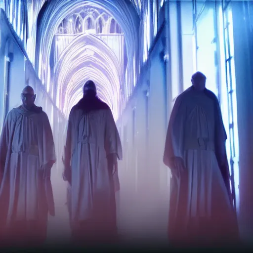 Prompt: electric warrior monks, robed, cyberpunk cathedral, special effects, neon, cyberpunk, realistic, cinematic style, visually stunning, 35mm, film post process