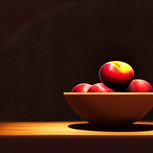 Image similar to concept art of a single bowl filled with a few moist freshly picked plums on a wooden table. digital painting, illustration, volumetric lighting, highly detailed, small scale, artistic, trending on artstation.