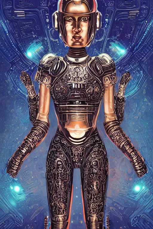 Image similar to retro-futuristic portrait of a beautiful female android in dusty chrome armour, dancing pose, ornate background, ornate pattern, glowing eyes, evil expression, high details, intricate details, renaissance style, painting by vincent di fate, artgerm julie bell beeple, 80s, Smooth gradients, High contrast, depth of field, very coherent symmetrical artwork