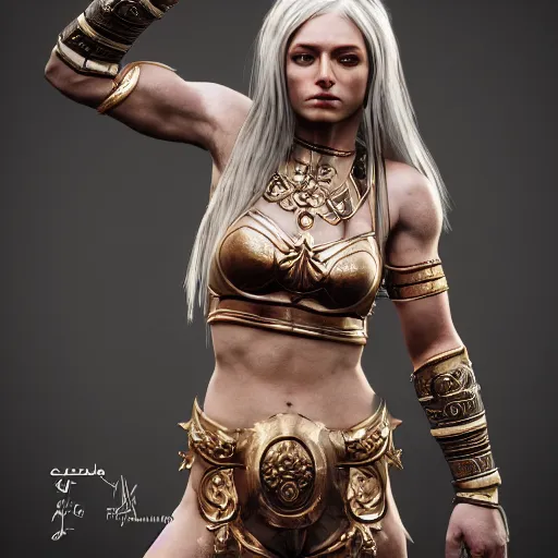 Image similar to a hyperrealistic render of a female valkryie, pronounced nordic feminine features, midriff, ornate metal chest plate with nordic religious decorations, low dutch angle, face in focus, natural lighting, realism, feminine and muscular, unreal engine 5, cinematic, octane