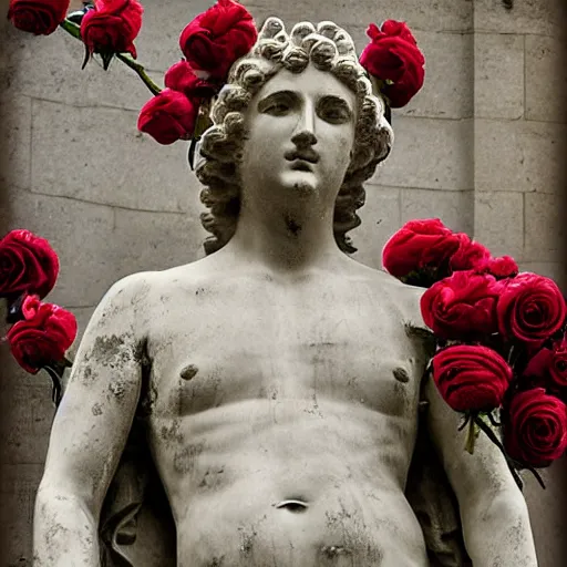 Image similar to portrait of a greek statue covered in roses, by julia pott
