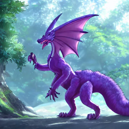 Image similar to concept art painting of an anthropomorphic purple anime furry dragon, in the deep forest, realistic, detailed, cel shaded, in the style of makoto shinkai and greg rutkowski and james gurney