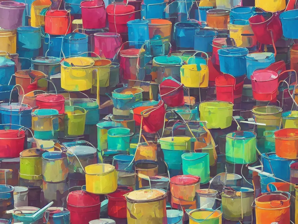 Image similar to colorful paint buckets in the style of simon stalenhag