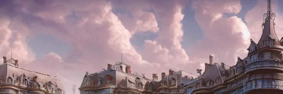 Image similar to beautiful digital illustration of a towering Art Nouveau palace in the sky, realistic clouds, pastel color scheme, concept art, deviantArt, artsation, artstation HQ, HD, 16k resolution, octane, finalRender, Unreal Engine