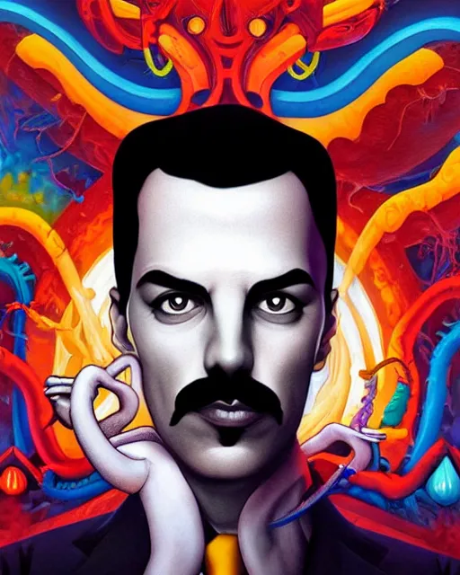 Image similar to lovecraft lovecraftian portrait of freddie mercury, pixar style, by tristan eaton stanley artgerm and tom bagshaw, retro future