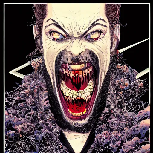 Prompt: portrait of crazy vampire post malone inside liquid black ink, symmetrical, by yoichi hatakenaka, masamune shirow, josan gonzales and dan mumford, ayami kojima, takato yamamoto, barclay shaw, karol bak, yukito kishiro