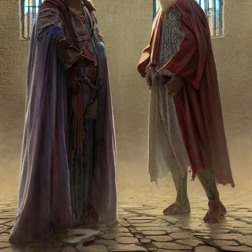 Image similar to highly detailed picture of a man with holes in his robes, religious man wearing clothes with huge rips, destroyed clothes, medieval background, mystic, d & d, fantasy, intricate, elegant, highly detailed, digital painting, artstation, concept art, smooth, sharp focus, illustration, art by artgerm and greg rutkowski and alphonse mucha