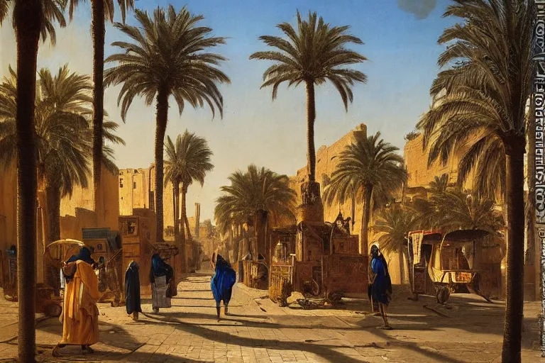 Prompt: palm tree-lined street at midnight in a very ancient very beautiful Egyptian city by Ludwig Deutsch and Rudolf Ernst, colorful tiled architecture, strong dramatic cinematic lighting, lost civilizations, smooth, sharp focus, extremely detailed