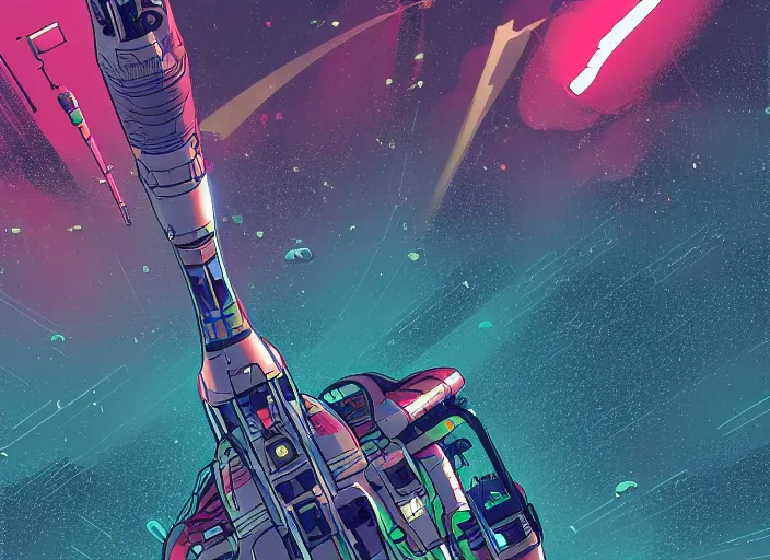Prompt: futuristic fusion mech rocket flying in space by laurie greasley, spiraling celestial gases tiny glowing neon bioluminescent specks turbulent clouds sky, artstaion