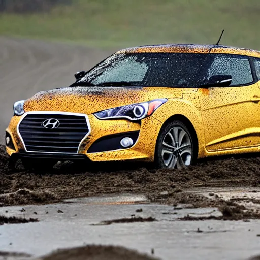 Prompt: a hyundai veloster stuck in a pit of mud on a rainy day