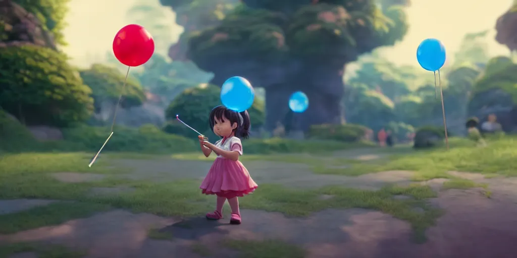 Image similar to a little girl with lollypop, holding blue balloon on a string, studio ghibli, pixar and disney animation, sharp, rendered in unreal engine 5, anime key art by greg rutkowski, bloom, dramatic lighting