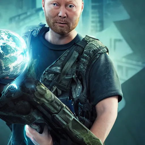 Image similar to limmy brian limond holding element 1 1 5, realistic artstyle, wide shot, dramatic lighting, octane render, hyperrealistic, high quality, highly detailed, hd, beautiful, cinematic, 8 k, unreal engine, facial accuracy, symmetrical,