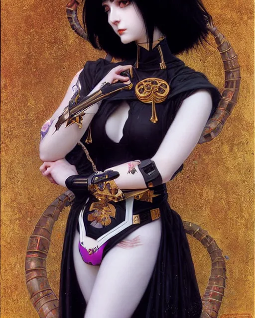 Image similar to portrait of beautiful goth e - girl cosplay with black hair in warhammer armor, white background, art by ( ( ( kuvshinov ilya ) ) ) and wayne barlowe and gustav klimt and artgerm and wlop and william - adolphe bouguereau