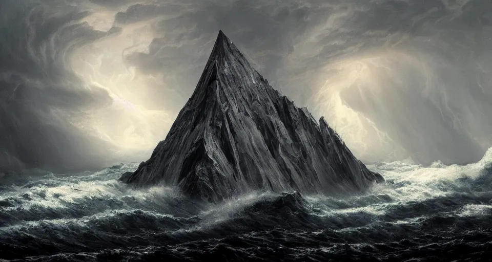 Image similar to black lovecraftian eldritch!! obsidian pyramid!! on a snowy island surrounded by raging stormy seas by eugene von guerard, ivan shishkin, night, red lightning!!, storm, dramatic lighting, concept art, trending on artstation, 8 k