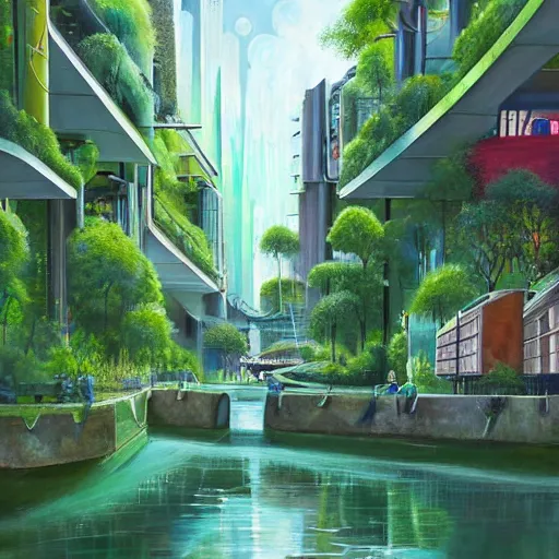 Image similar to Narrow cosy waterway in beautiful green futuristic sci-fi city in harmony with nature. Nice colour scheme, soft warm colour. Beautiful detailed painting by Lurid. (2022)