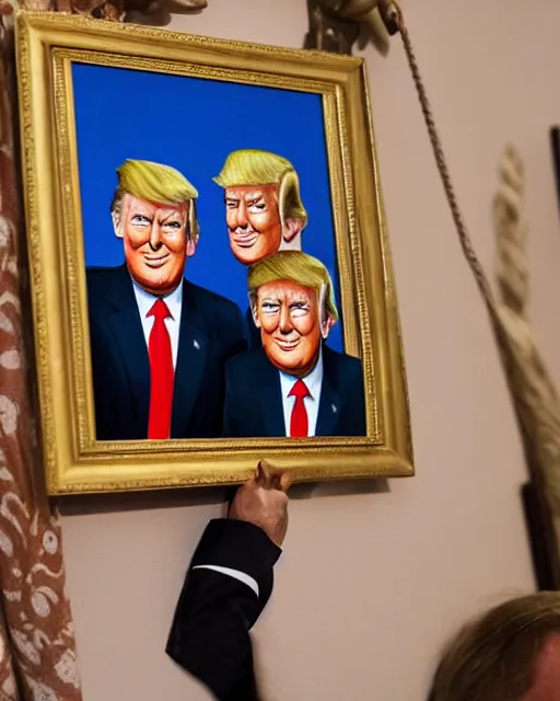 Image similar to a presidential portrait of donald trump in the style caricature artist dan springer hanging on a wall at mar - a - largo