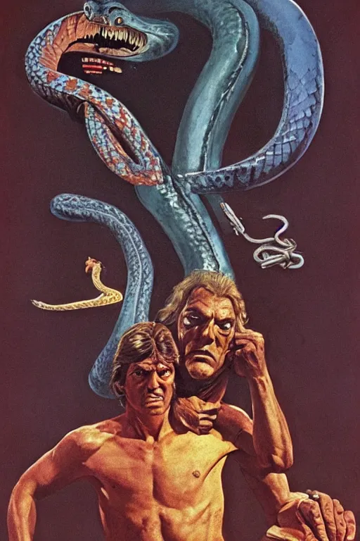 Image similar to poster for the 1 9 7 1 movie'snake'er up ', directed by federico fellini, starring donald sutherland and uncle aloysius, art direction by wayne barlowe, glenn fabry and frank frazetta, cinematography by robby muller ), crisp