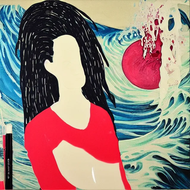 Image similar to “ a portrait in a female art student ’ s apartment, great wave off kanagawa, sensual, art supplies, a candle dripping white wax, berry juice drips, acrylic and spray paint and oilstick on canvas, surrealism, neoexpressionism ”