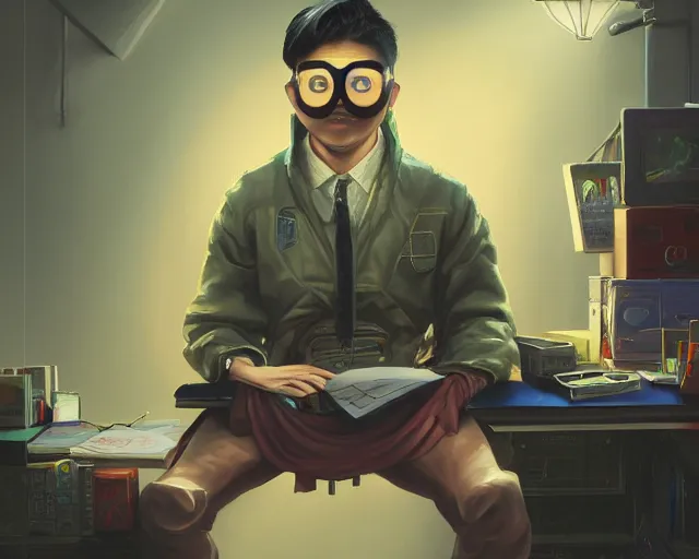 Image similar to an insanely detailed painting of a nerdy asian man wearing a superhero costume, sitting at a desk, staring at the nervously at the computer and typing, in the style of peter mohrbacher, dramatic lighting and composition, surreal background, octane render, pixar, trending on artstation, concept art, comic book, view from behind