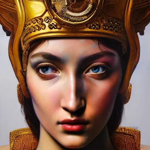 Image similar to hyperrealistic mixed media painting of beautiful goddess Athena, stunning 3d render inspired art by P. Craig Russell and Barry Windsor-Smith, perfect facial symmetry, dim volumetric lighting, 8k octane beautifully detailed render, post-processing, portrait, extremely hyper-detailed, intricate, epic composition, brown eyes, realistic realistic realistic eyes, cinematic lighting, masterpiece, trending on artstation, detailed detailed detailed, masterpiece, stunning