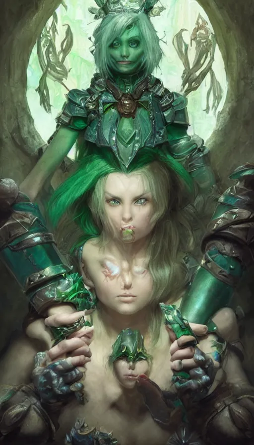 Image similar to epic masterpiece portrait alice in dungeons and dragons, sweaty skin, hyperrealistic, octane render, cinematic, beautiful face and flawless skin, perfect hands, emeralds by Edgar Maxence and Ross Tran and Michael Whelan, Legends of Runeterra