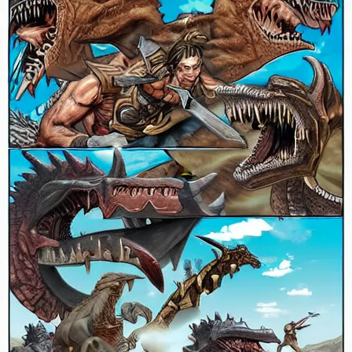 Prompt: Ragnarok with vikings fighting cyborg dinosaurs